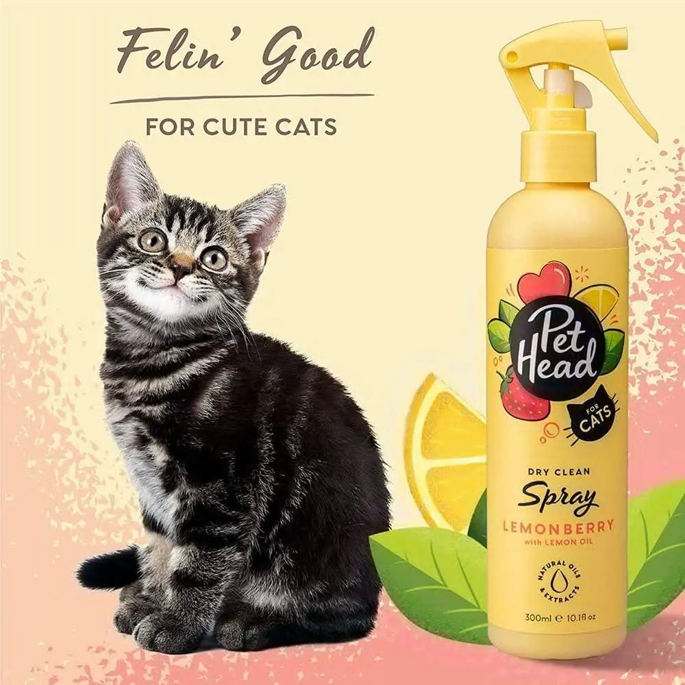 Pet Head Lemonberry spray for cats, featuring a playful kitten and vibrant lemon graphics.