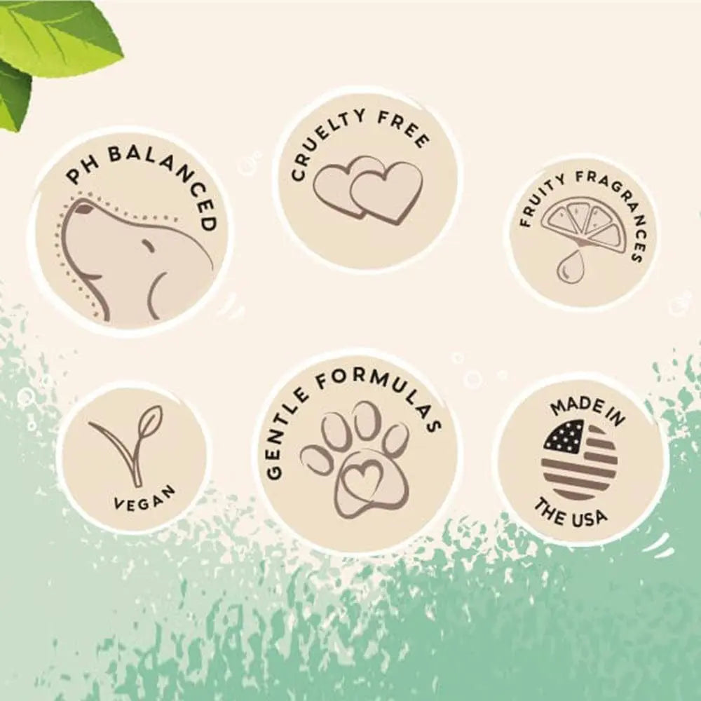 Icons showcasing pH balanced, cruelty-free, vegan, gentle formulas, fruity fragrances, and made in the USA.