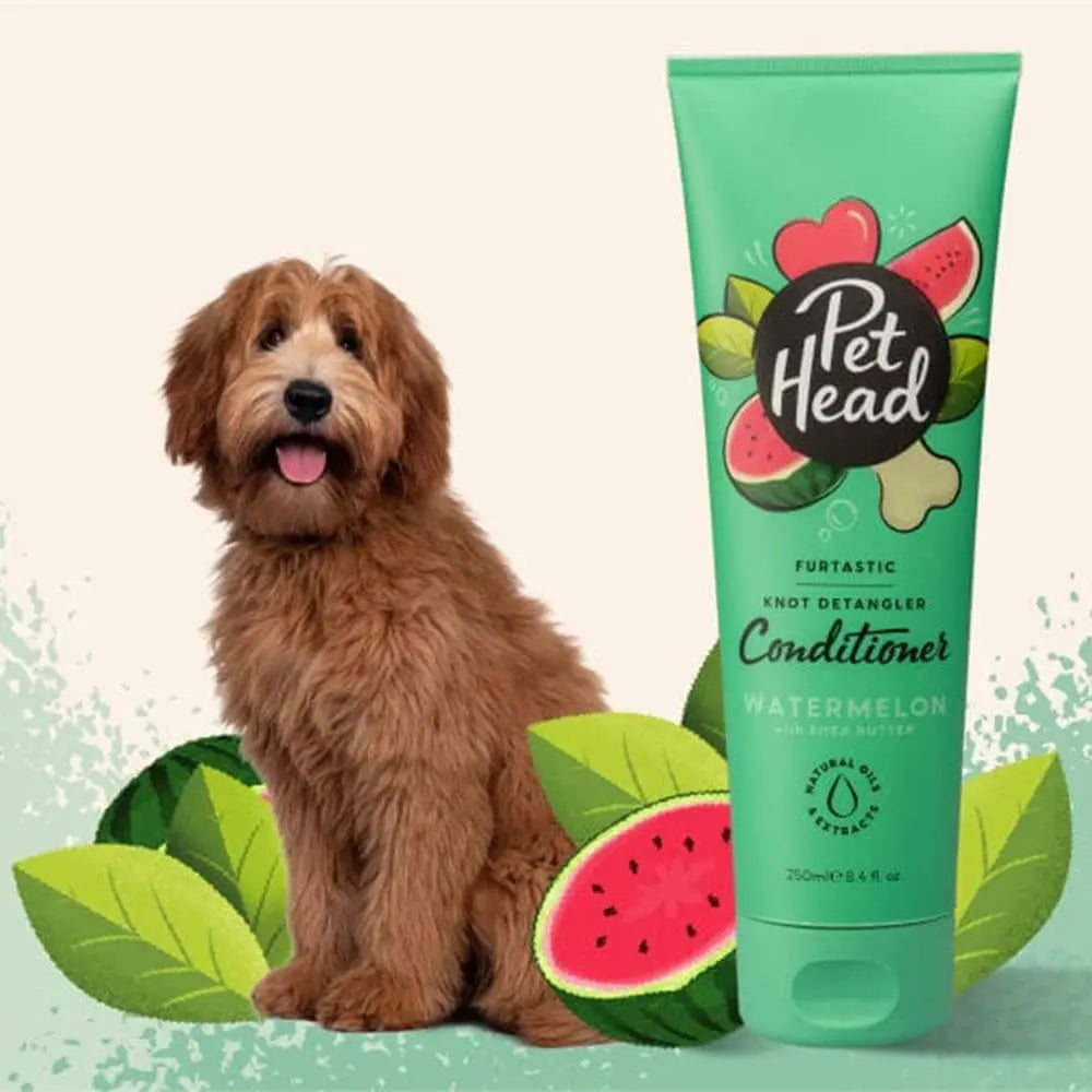 Pet Head Watermelon Conditioner for dogs, featuring a playful dog and vibrant watermelon graphics.