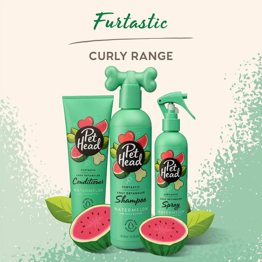 Furtastic curly pet care products featuring watermelon-scented shampoo, conditioner, and spray.