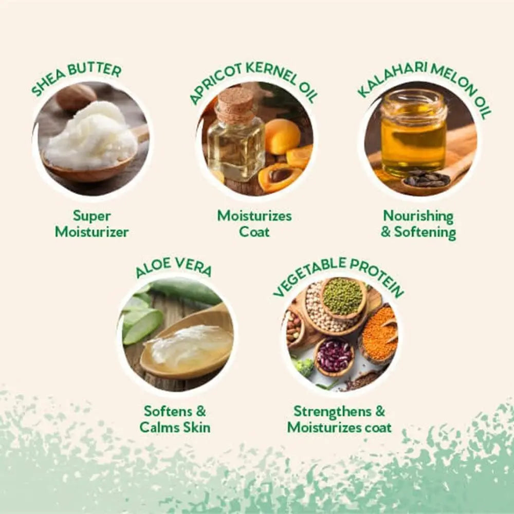 Natural ingredients for skin nourishment: shea butter, oils, aloe vera, and vegetable protein.