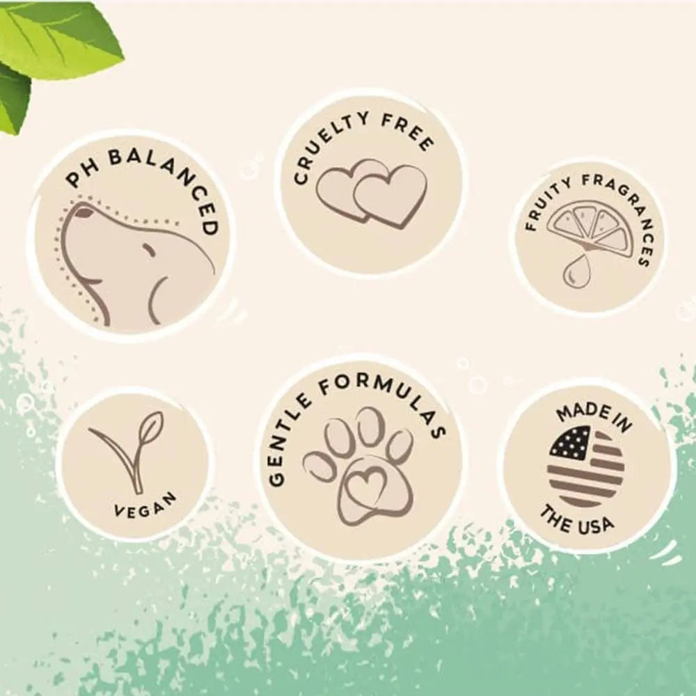 Icons showcasing pH balanced, cruelty-free, vegan, gentle formulas, and made in the USA for pet care products.