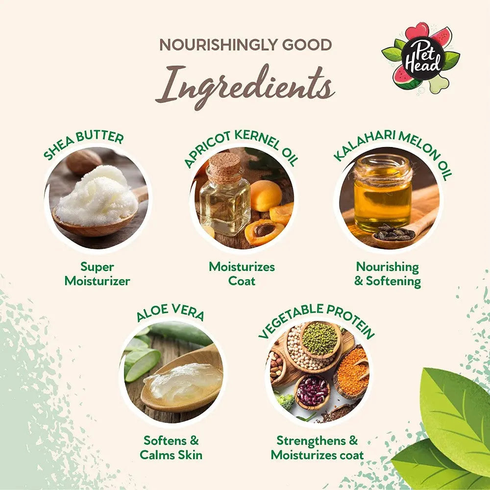 Nourishing ingredients for pet care: shea butter, apricot kernel oil, kalahari melon oil, aloe vera, and vegetable protein.