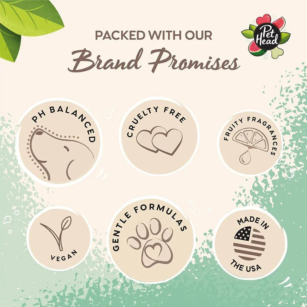 Infographic showcasing Pet Head's brand promises: pH balanced, cruelty-free, vegan, and made in the USA.