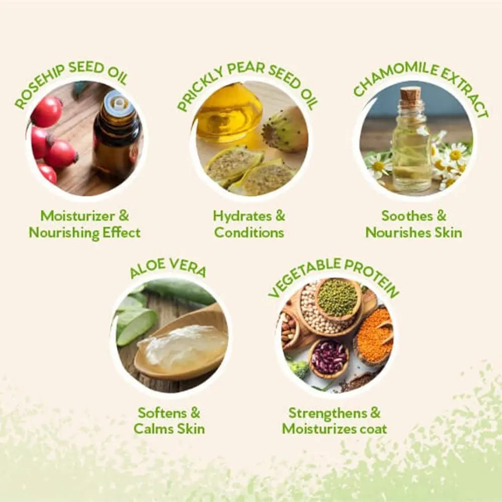 Natural skincare ingredients: rosehip seed oil, prickly pear oil, chamomile extract, aloe vera, and vegetable protein.