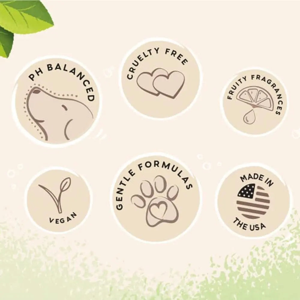 Icons showcasing pH balanced, cruelty-free, vegan, and gentle formulas for pet care products.