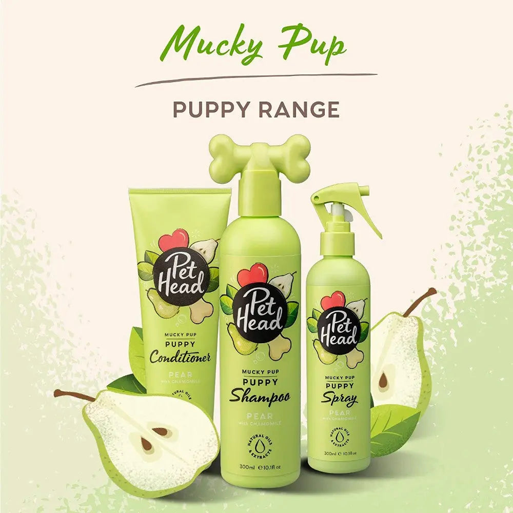 Mucky Pup puppy grooming products featuring shampoo, conditioner, and spray in pear scent.