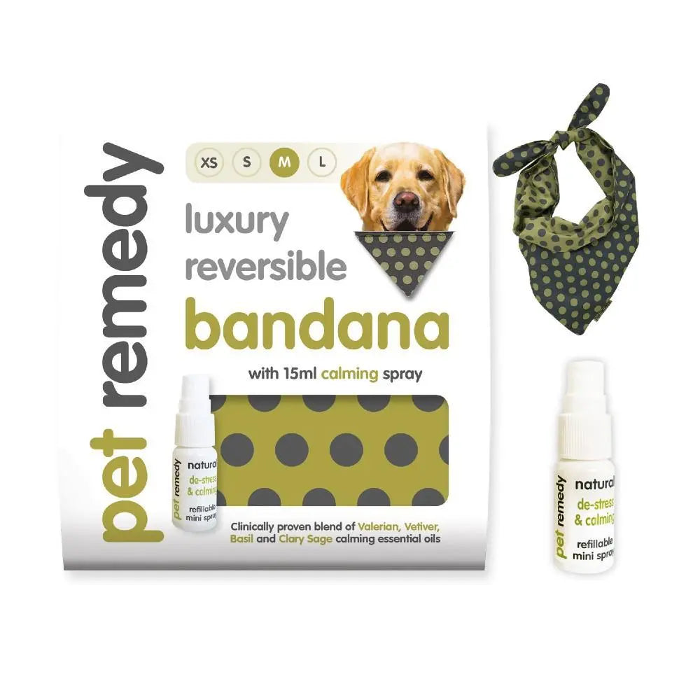 Luxury reversible pet bandana with calming spray for stress relief and comfort.