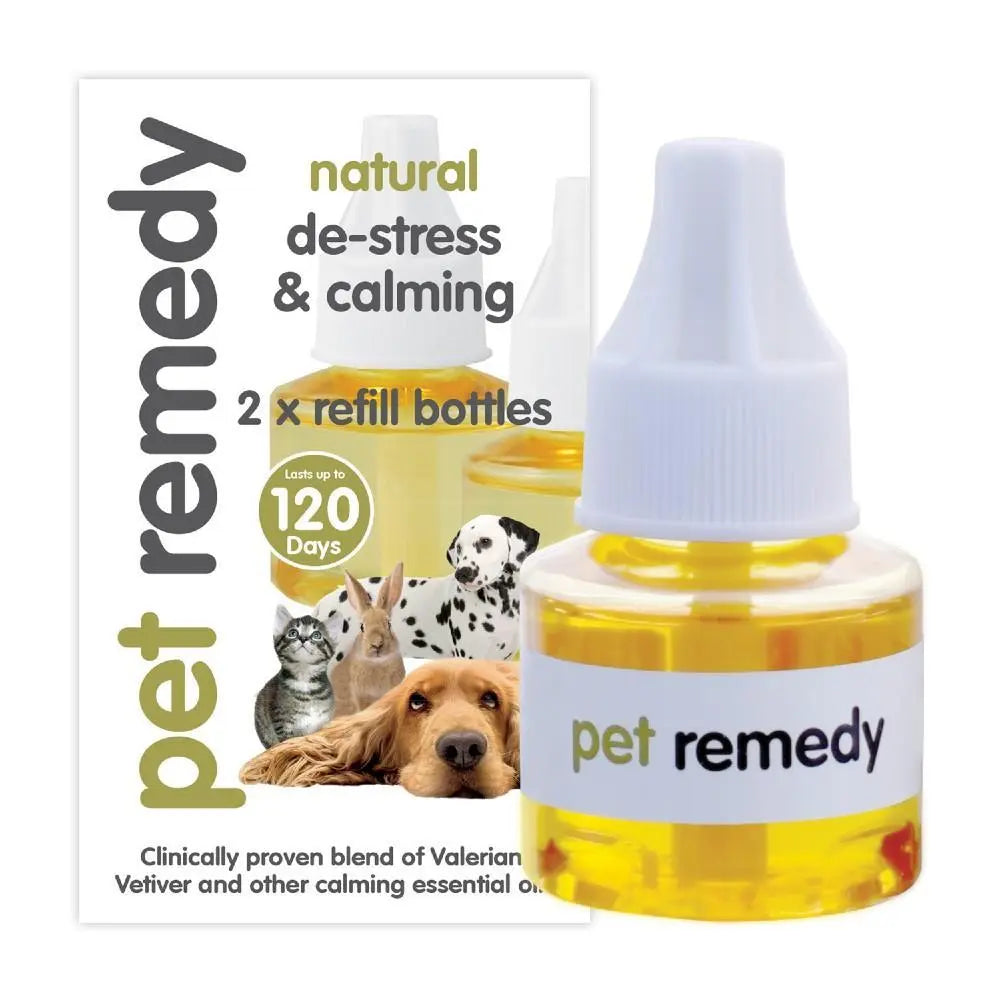 Natural de-stress and calming oil for pets, includes two refill bottles for long-lasting use.
