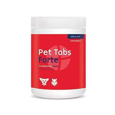 Pet Tabs Forte conditioning tablets for dogs and cats in a red container, promoting pet health and wellness.