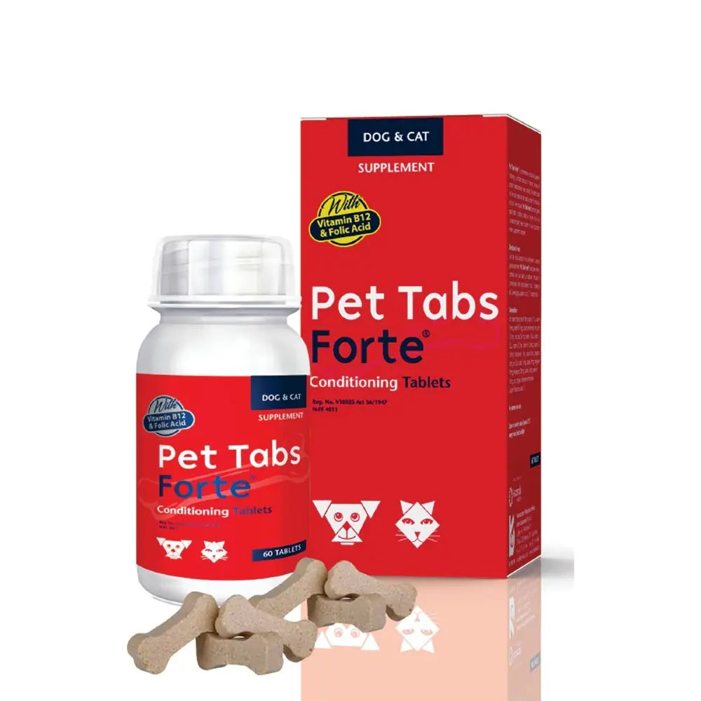 Pet Tabs Forte supplement for dogs and cats, featuring conditioning tablets in a convenient bottle.