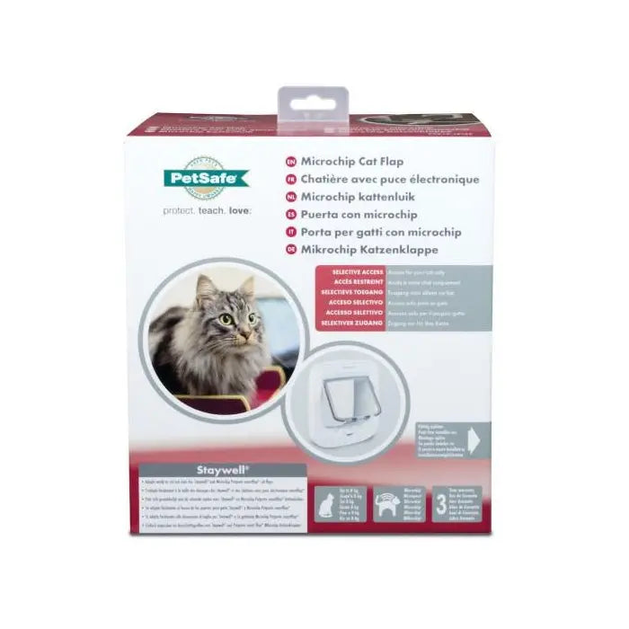 Microchip cat flap packaging with features and installation instructions for pet owners.