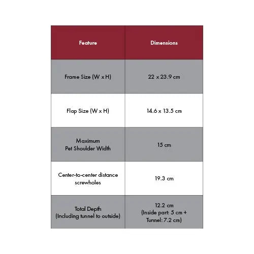 Pet product dimensions chart with frame size, flap size, and total depth details for optimal fit.
