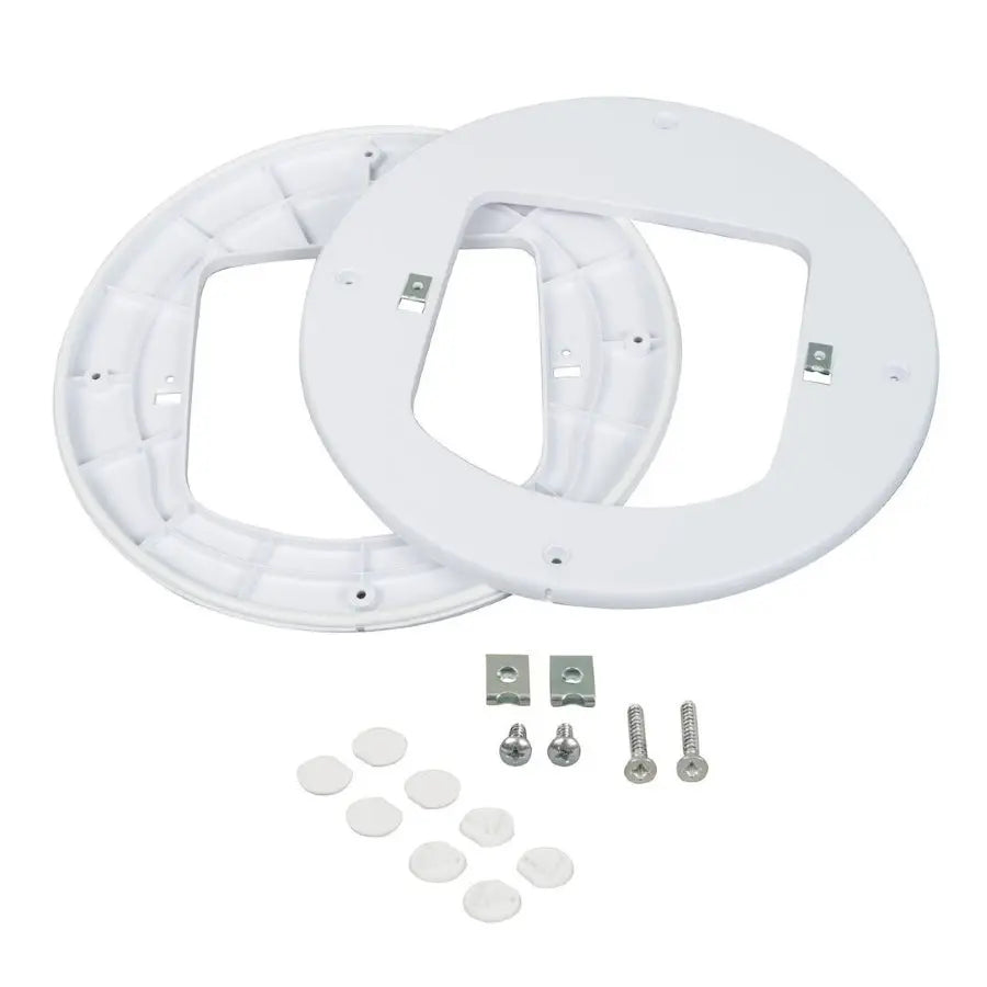 White mounting brackets and hardware for secure installation of fixtures or devices.