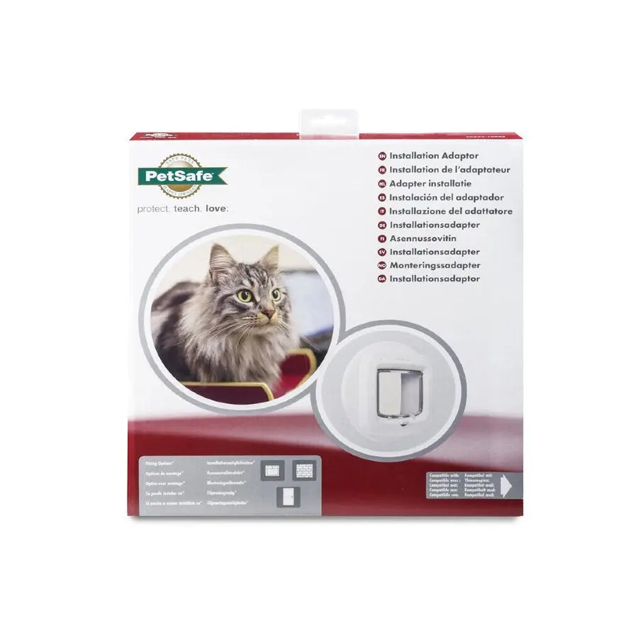 PetSafe installation adaptor packaging featuring a cat and clear instructions for use.