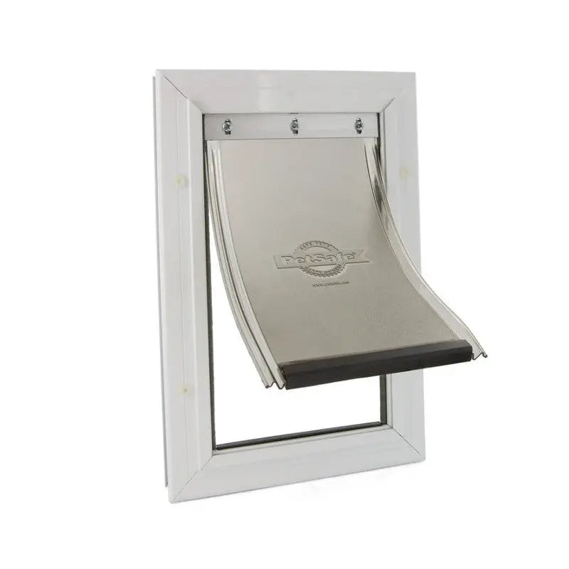 Pet door with a stainless steel flap for easy pet access and durability.