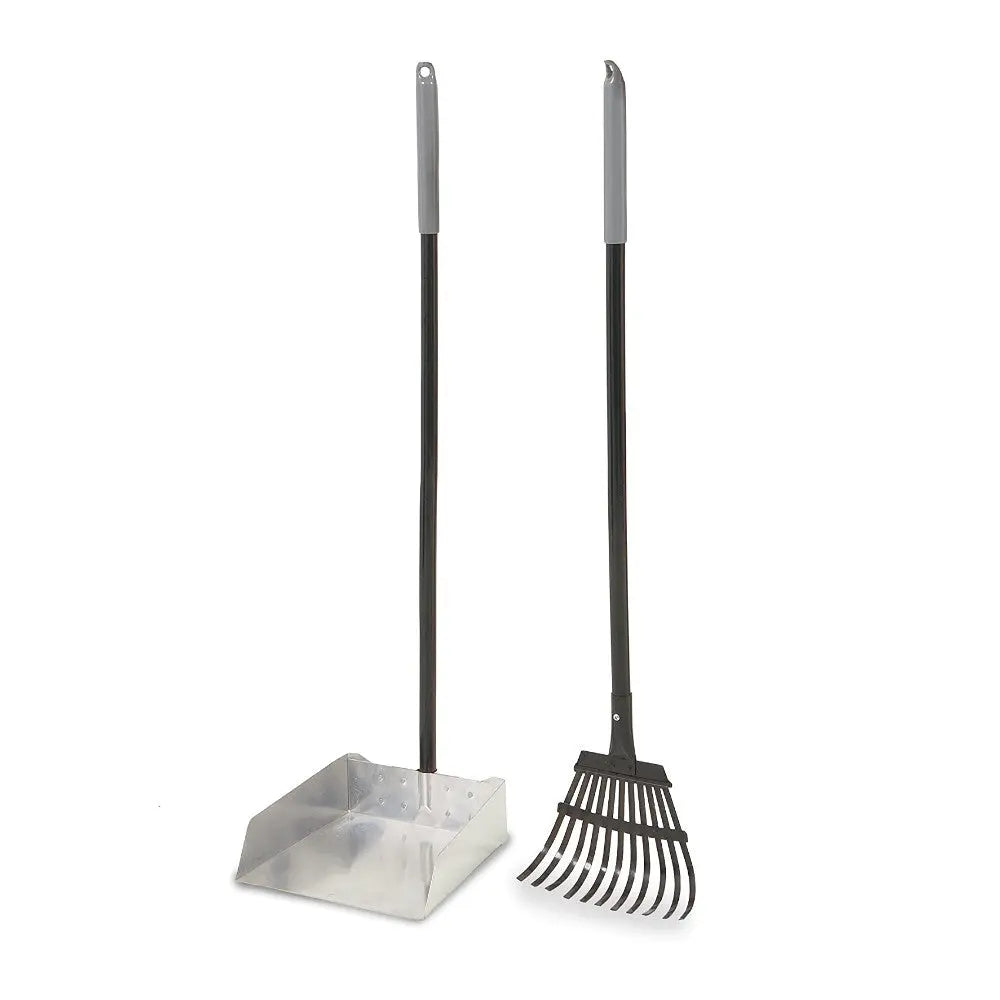 Garden tools set featuring a metal scoop and a rake for efficient yard maintenance.