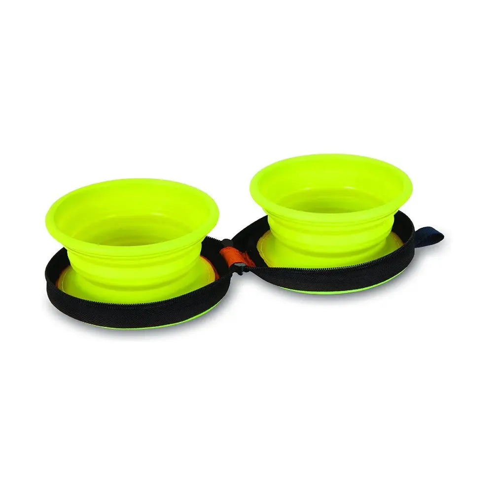 Collapsible pet bowls in bright green, perfect for travel and outdoor feeding.