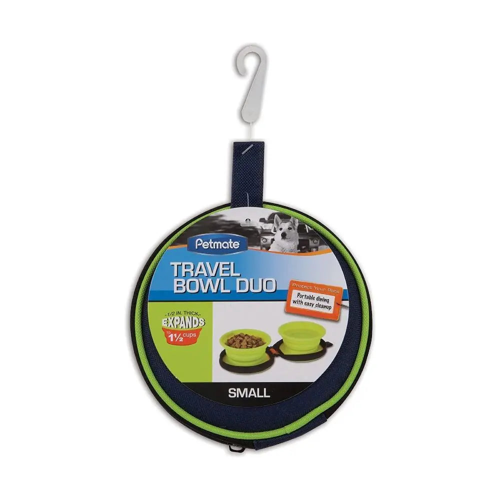 Portable travel bowl duo for pets, expands to hold food and water, ideal for on-the-go feeding.