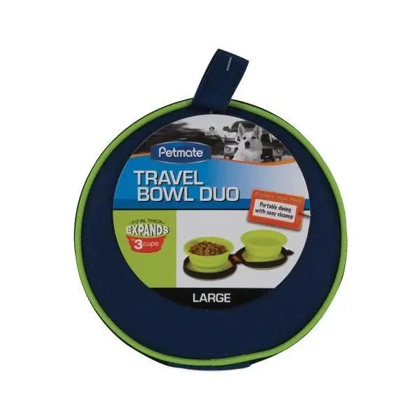 Portable travel bowl duo for pets, expands to hold 3 cups of food or water, perfect for on-the-go feeding.