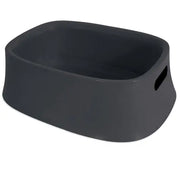 Stylish dark gray pet bed with ergonomic design and easy-to-carry handles.