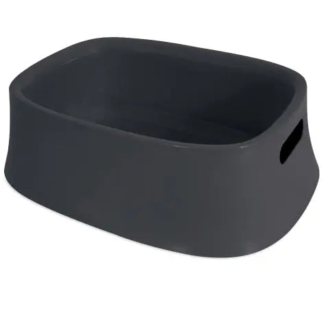 Stylish dark gray pet bed with ergonomic design and easy-to-carry handles.