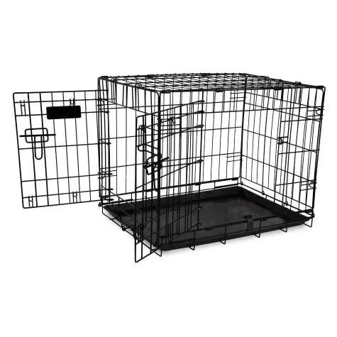 Durable metal dog crate with a removable tray and secure door for easy access and comfort.