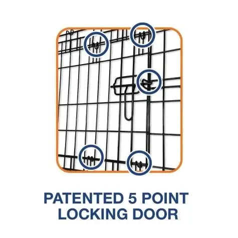 Patented 5-point locking door design for enhanced security and safety in pet crates.