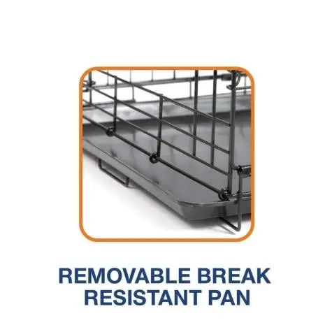 Removable break-resistant pan for easy cleaning and durability in pet crates.