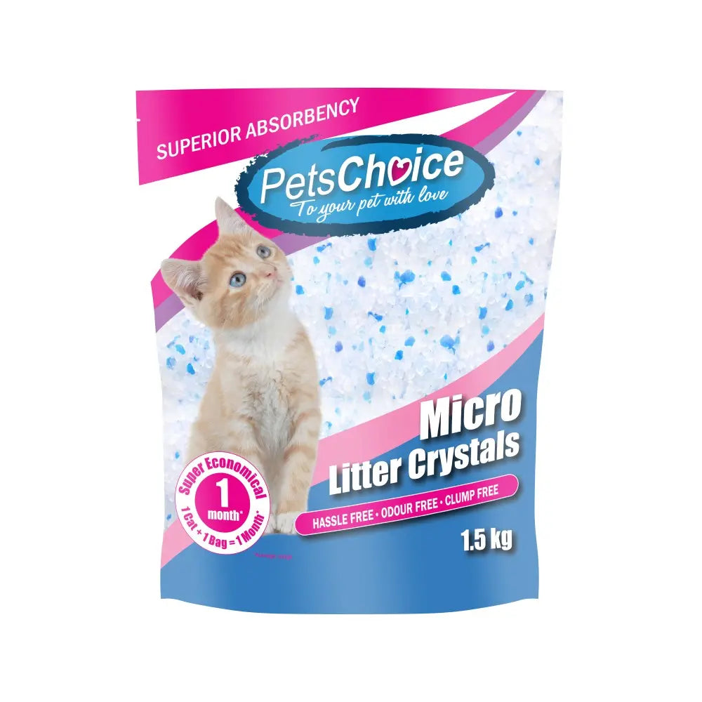 PetsChoice Micro Litter Crystals, 1.5 kg bag, superior absorbency for hassle-free cat care.