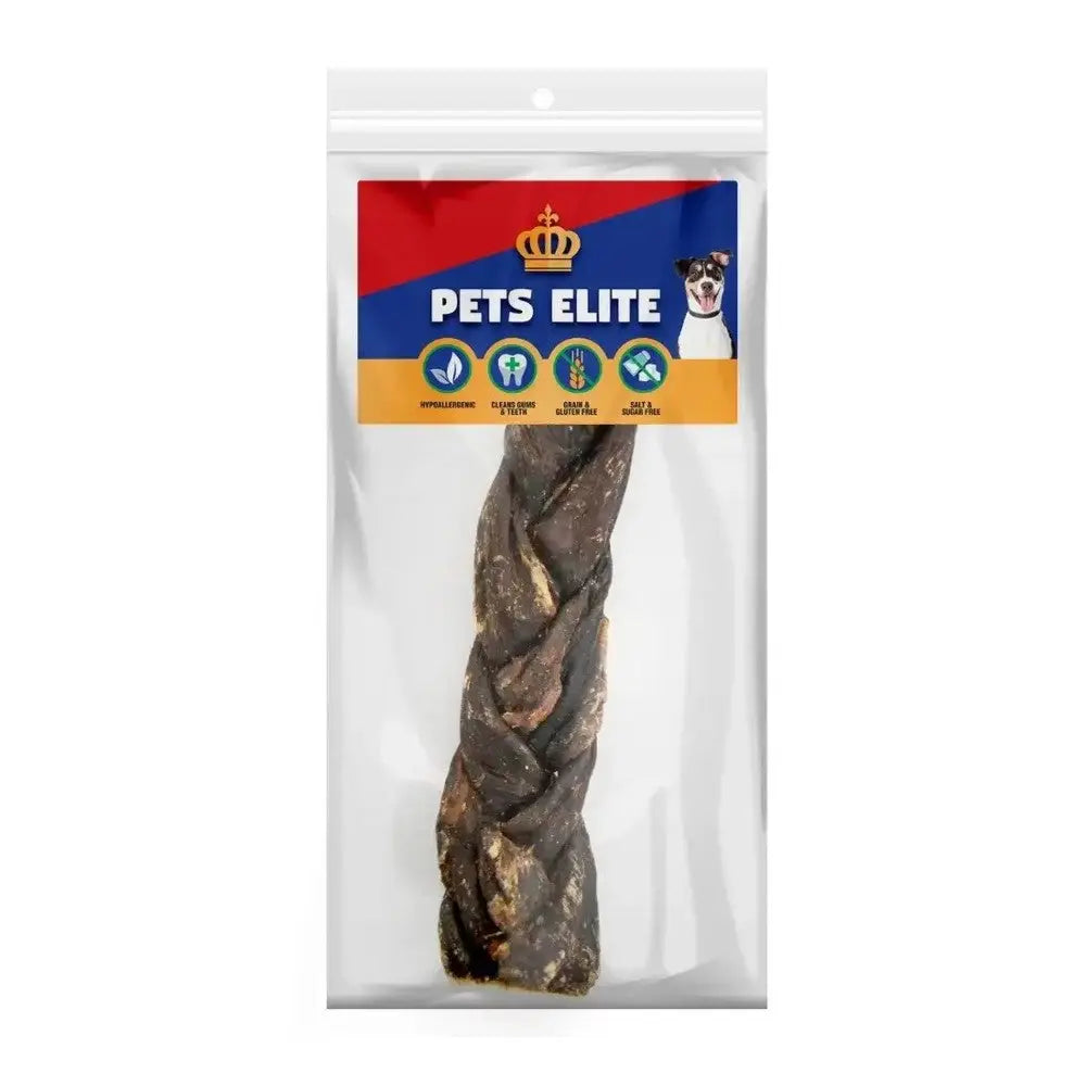 Braided dog chew treat in a clear package with a colorful label highlighting quality ingredients.