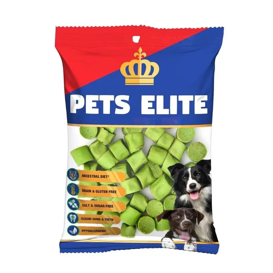 Green dog treats in a colorful bag, promoting a healthy, ancestral diet for pets.