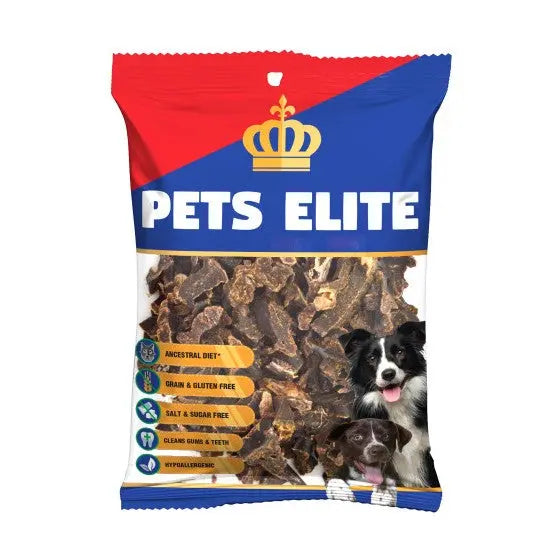 Pet Elite dog treats packaging featuring a grain-free, ancestral diet with a blue and red design.