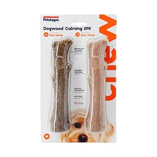 Dogwood calming chews for dogs, made with red hemp and wood, safe and mess-free for playful pups.