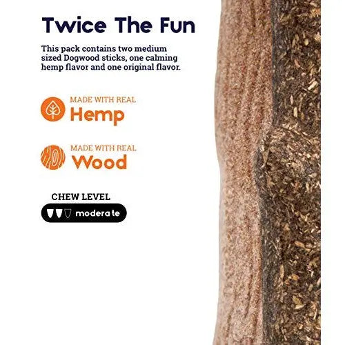 Dogwood sticks pack with hemp flavor, featuring moderate chew level and ingredient details.