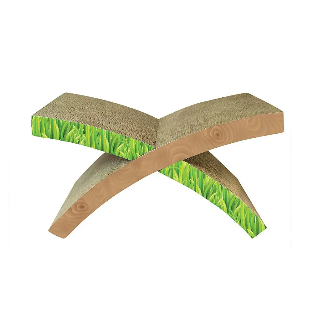 Cat scratching post with a unique X-shaped design and grass-themed accents for playful scratching.