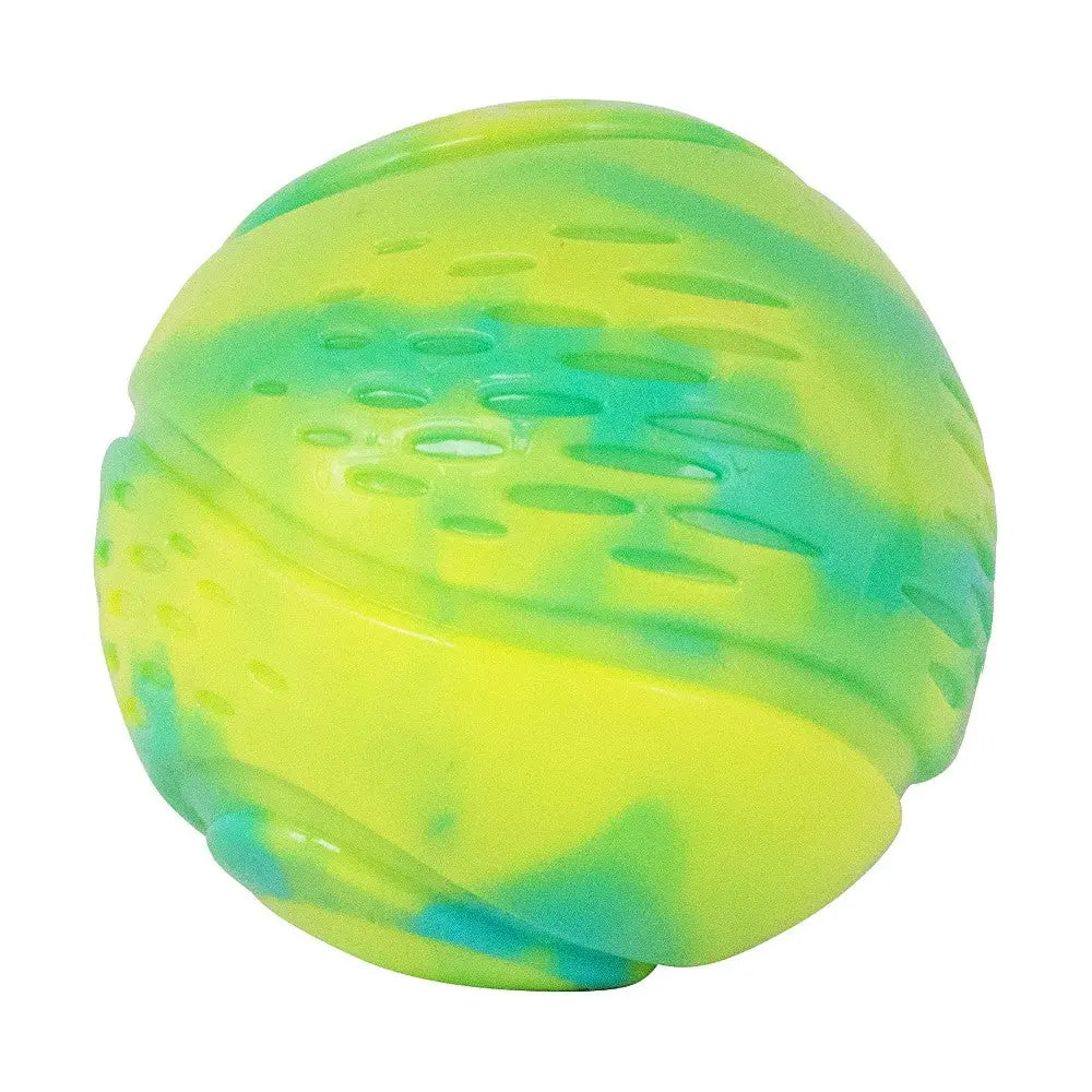 Colorful rubber ball for dogs, perfect for outdoor play and interactive fetch games.