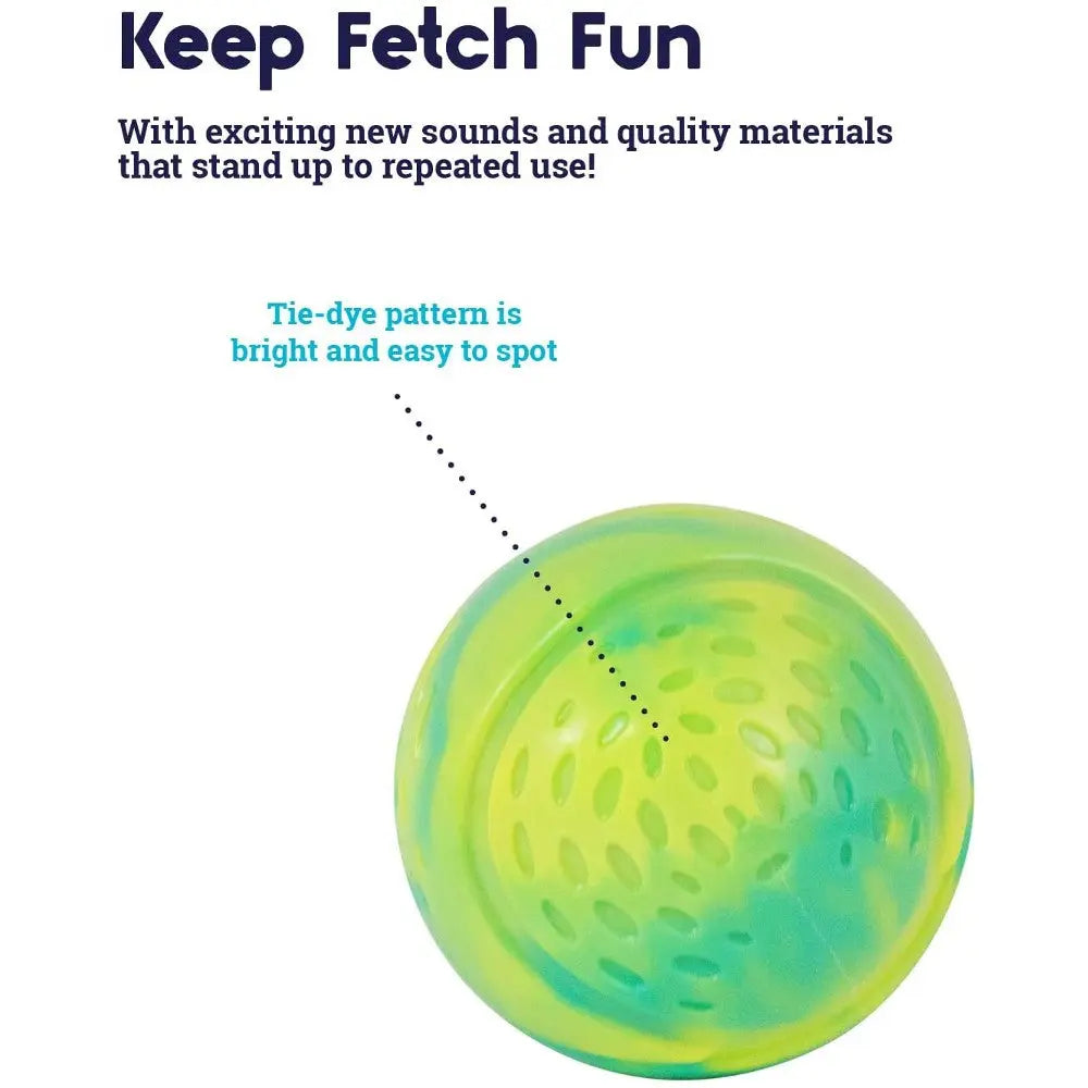 Colorful tie-dye fetch ball designed for durability and easy visibility during playtime.