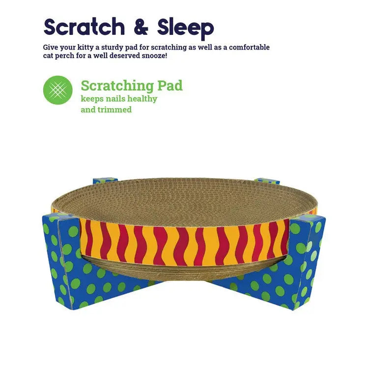 Colorful scratching pad for cats, promoting healthy nails and a cozy resting spot.