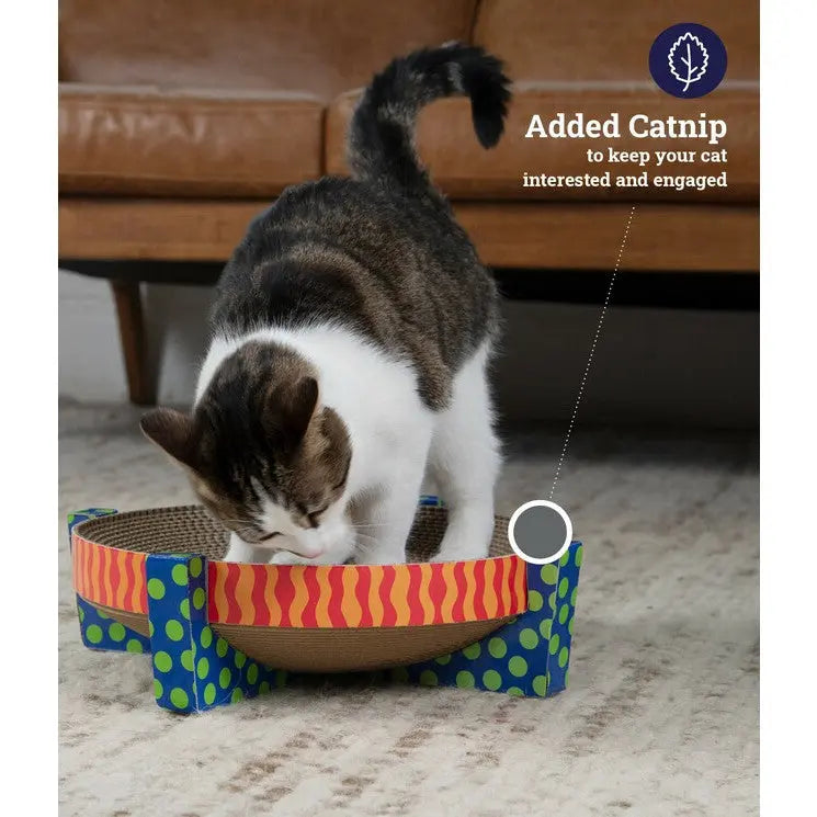 Cat scratching bowl with colorful design and added catnip for engagement and play.