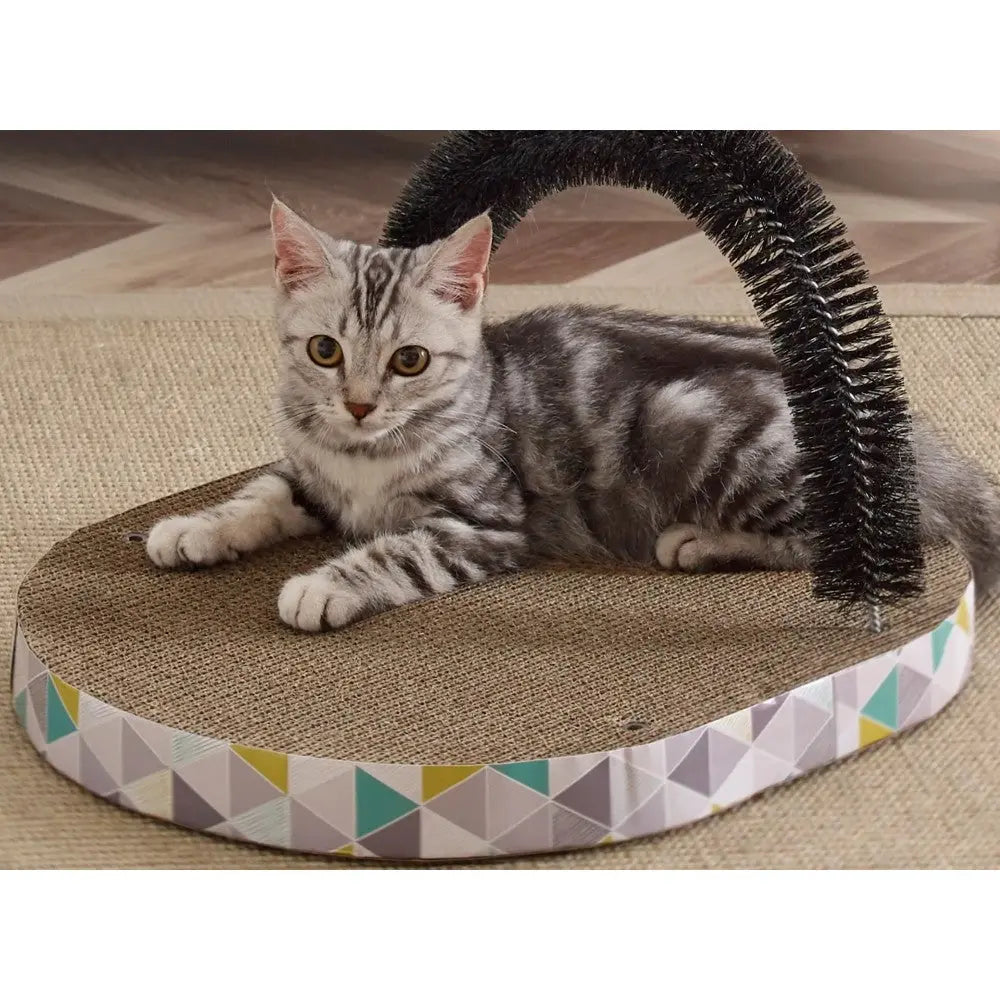 Cat scratching post with arch, providing a cozy spot for playful grooming and relaxation.