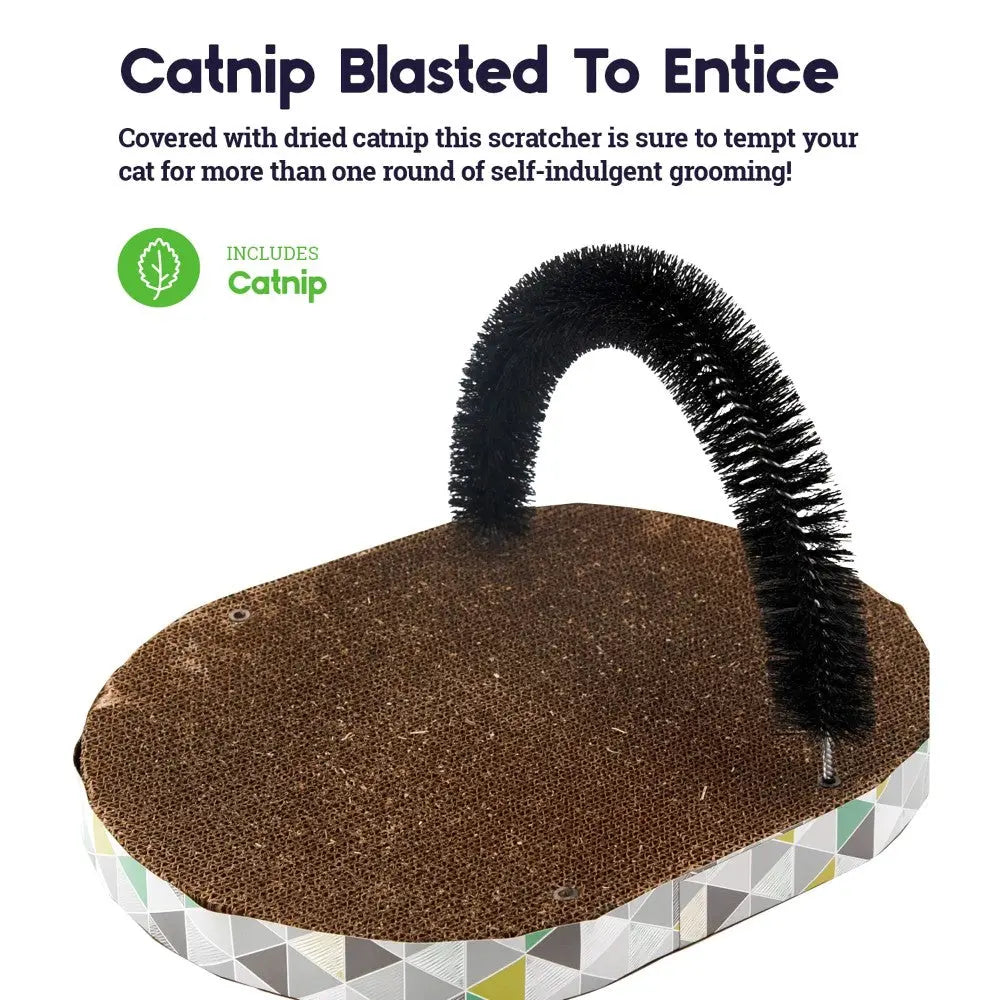 Cat scratcher with catnip, designed for grooming and play, featuring a curved brush for added fun.