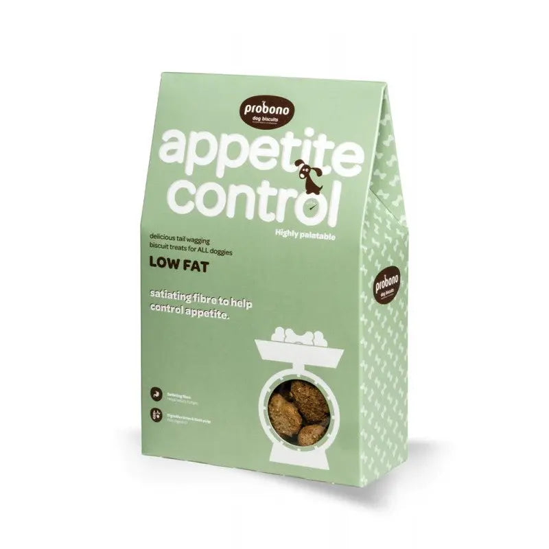 Low-fat dog treats in a green bag designed to control appetite and promote healthy eating.