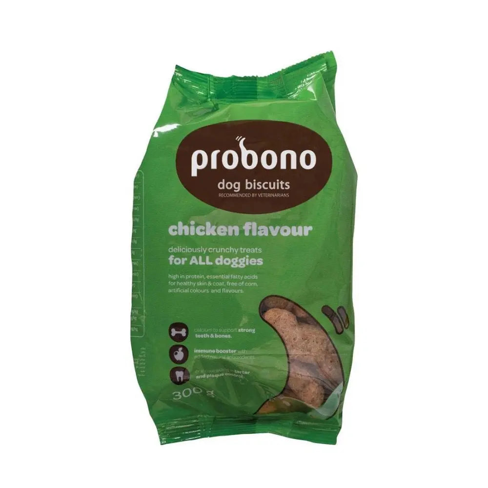 Probono chicken-flavored dog biscuits in a green bag, ideal crunchy treats for all dogs.