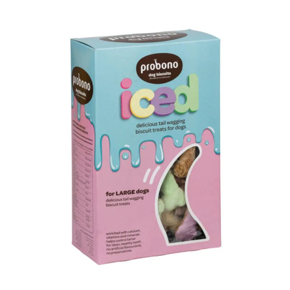 Iced dog biscuits for large dogs, featuring colorful packaging and tasty treats.