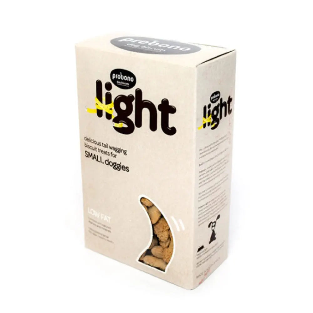 Low-fat dog treats in a light packaging designed for small dogs.