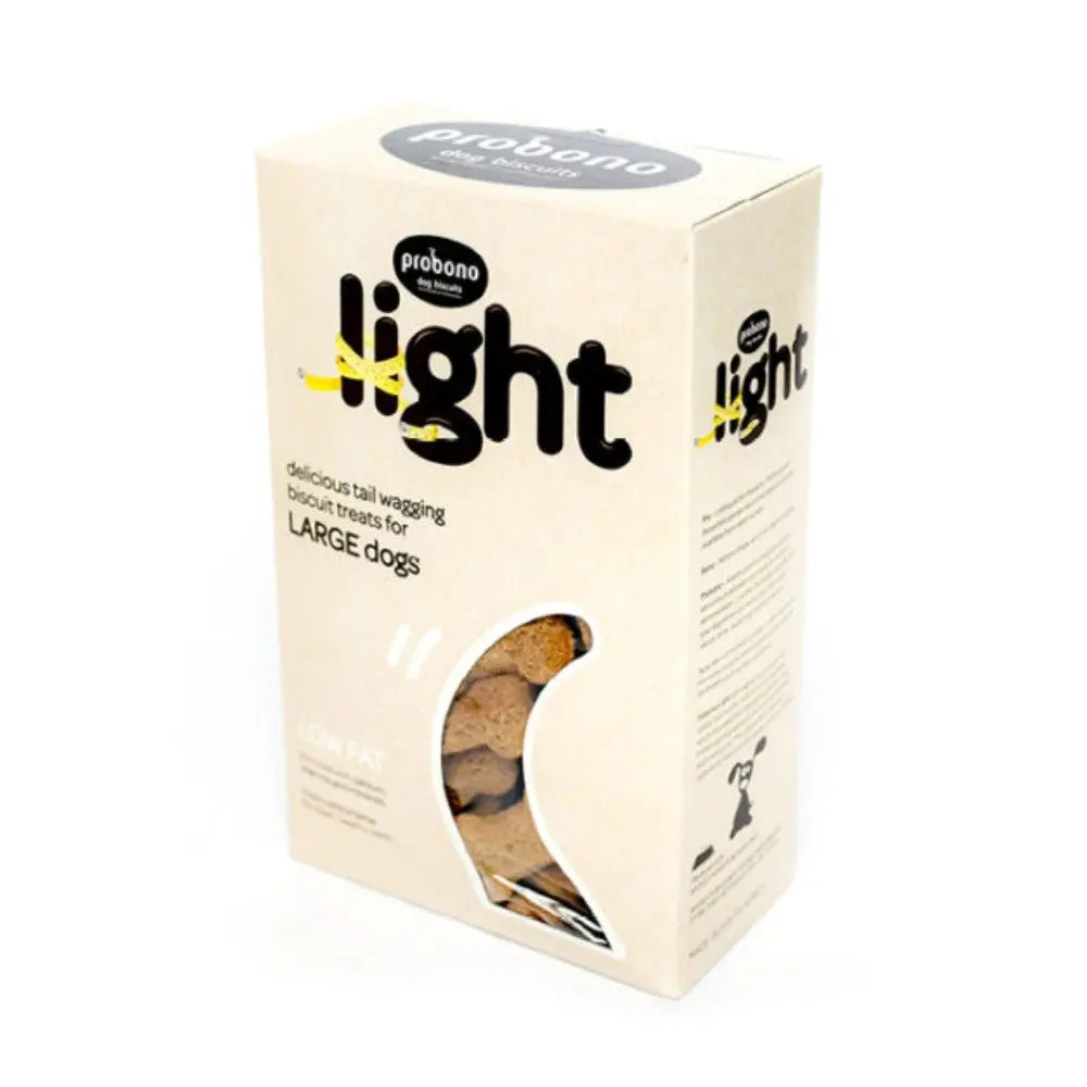 Light dog biscuit treats for large dogs, low fat, in eco-friendly packaging.