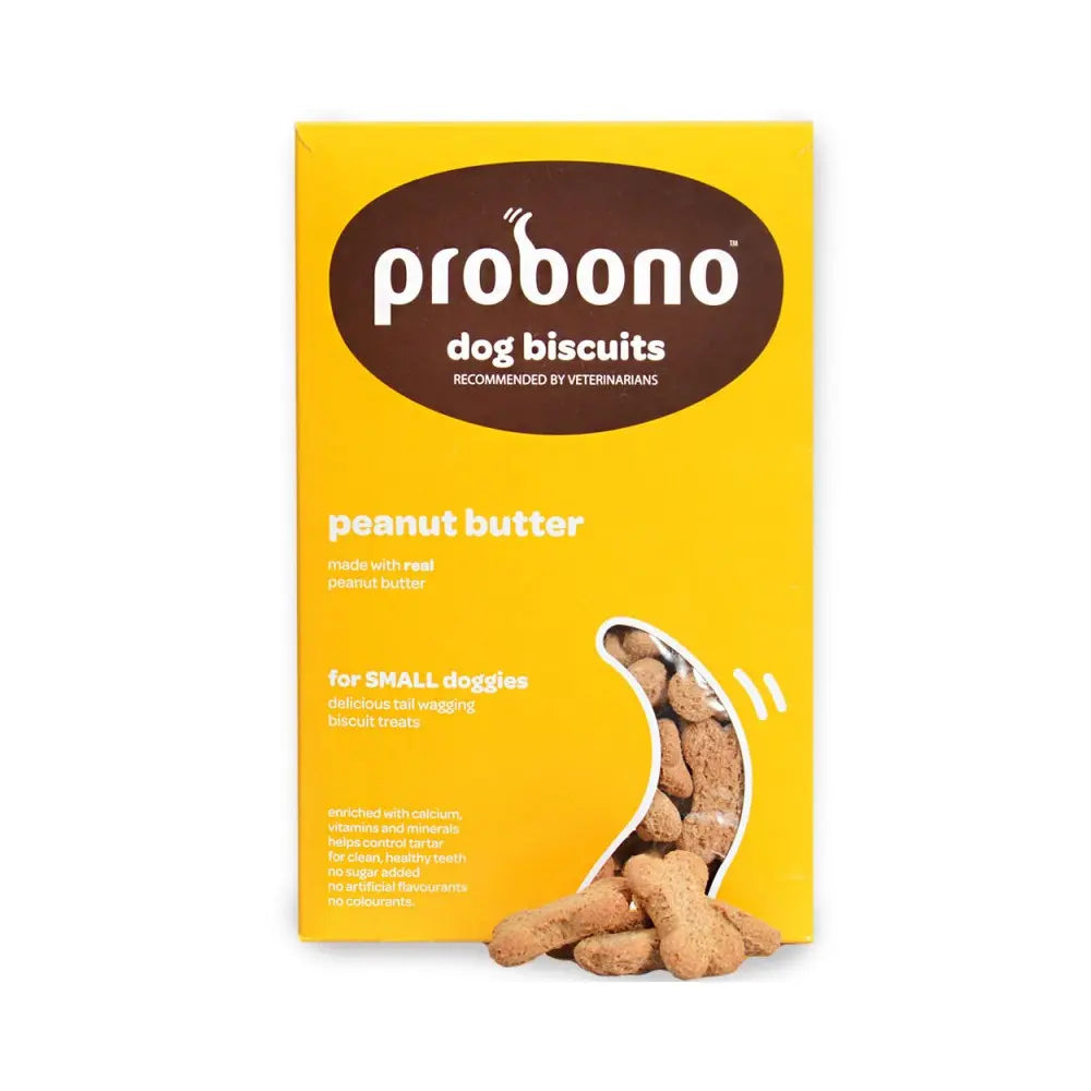 Peanut butter dog biscuits in a vibrant box, perfect treats for small dogs, enriched with calcium.