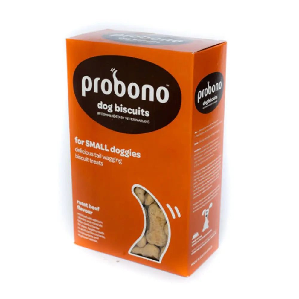 Probono dog biscuits for small dogs, featuring a tasty roast beef flavor in a vibrant orange package.