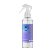 Antibacterial deodorant spray for pets with a baby powder scent in a clear bottle.